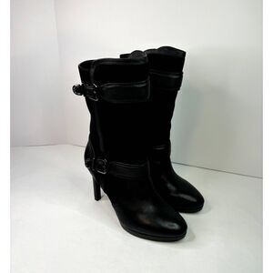 Antonio Melani Karol Black Heel Pump Leather Suede Booties Mid Calf Buckle